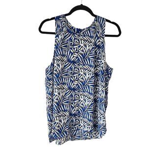 Saint Tropez West Blue Tropical Leaf Print Sleeveless Blouse Top Shirt Tank L